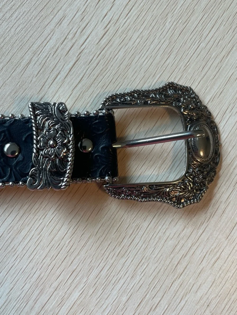 Vintage Black Tooled Leather Belt with Ornate Silver Buckle